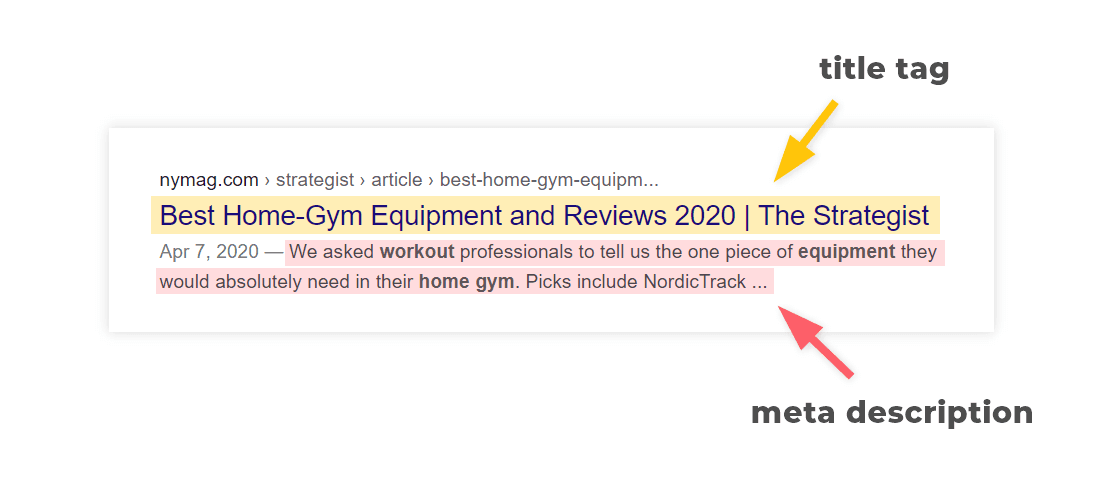 Example of title tag and meta description in Google SERPs