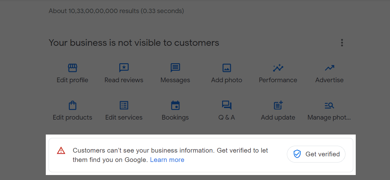 Visual of a Google Business certificate error message, showing the business is unverified and hidden from potential customers