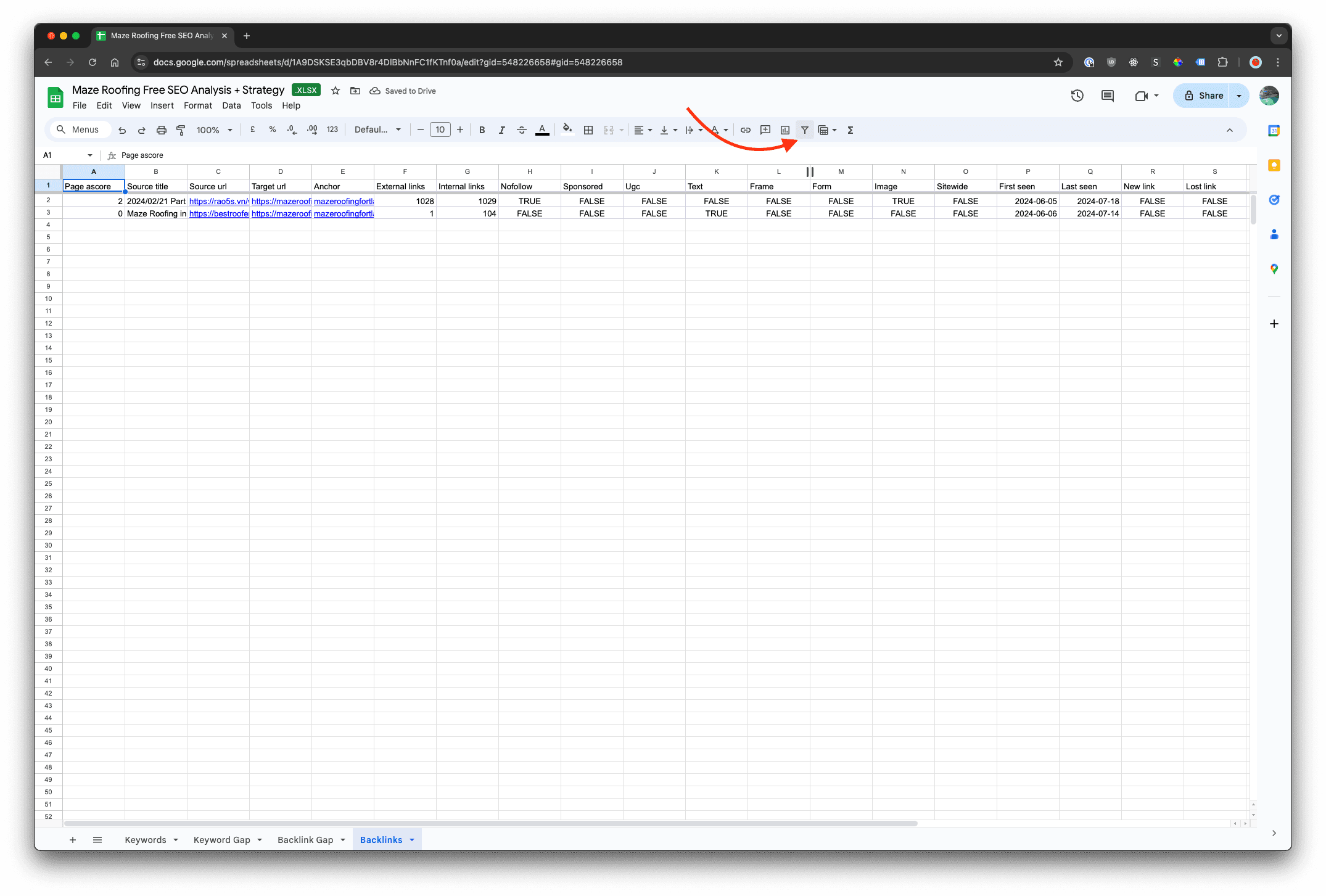 Semrush backlinks exported into Google Sheet, adding filters