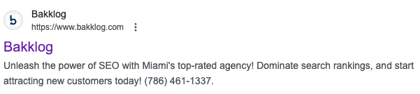 Preview of the Bakklog meta tags on the Google SERP